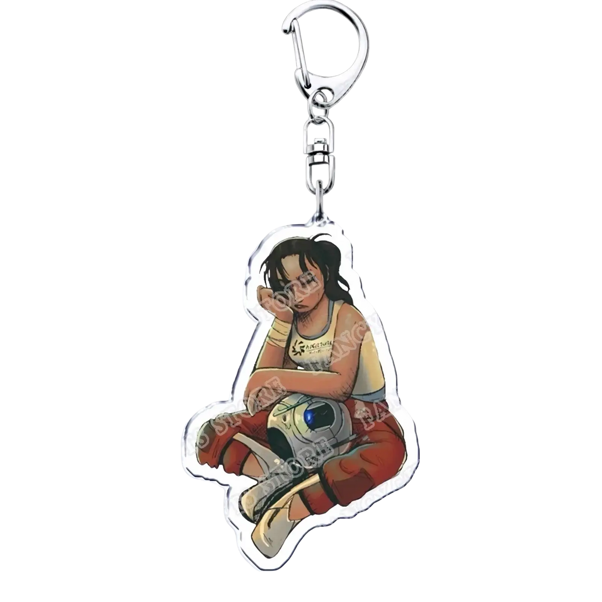 Clear acrylic Portal video game keychain featuring a dark-haired character in yellow and red sitting beside a silver robot