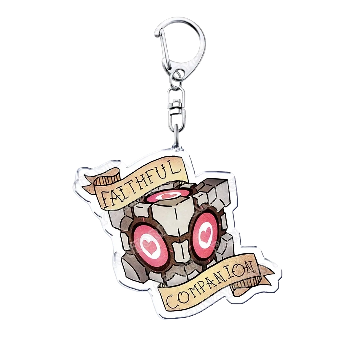 A clear acrylic keychain from Portal video game featuring a cartoon robot with pink heart eyes and faithful companion banners