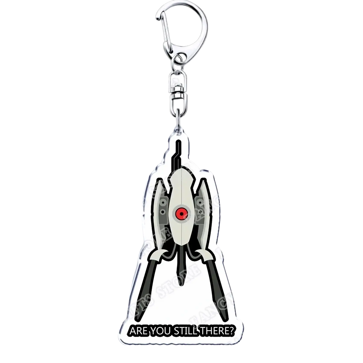 Clear acrylic keychain featuring portal companion cube with red eye black limbs white body gamer gift