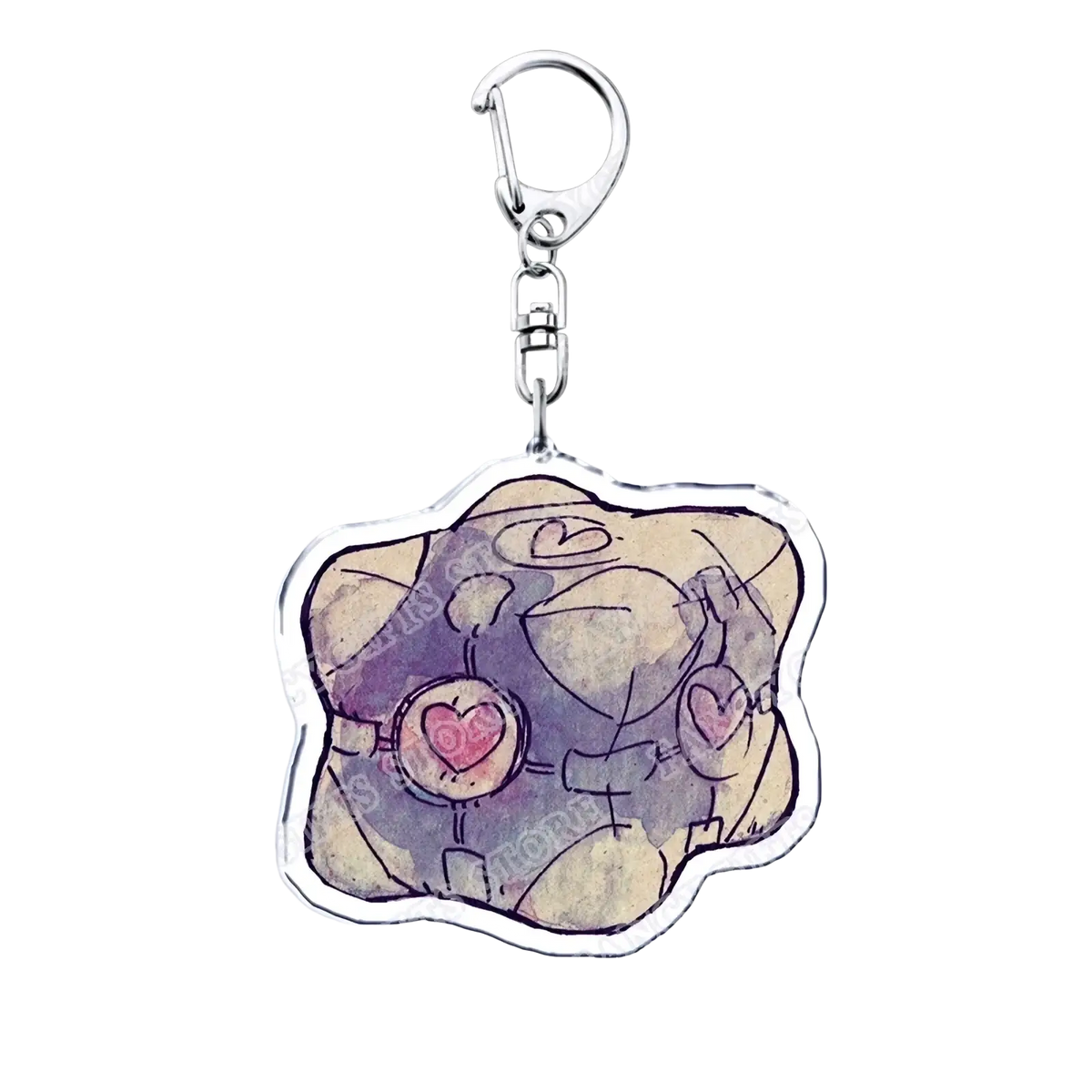 Clear acrylic portal video game keychain featuring a purple and beige cartoon character with heart-shaped chest details