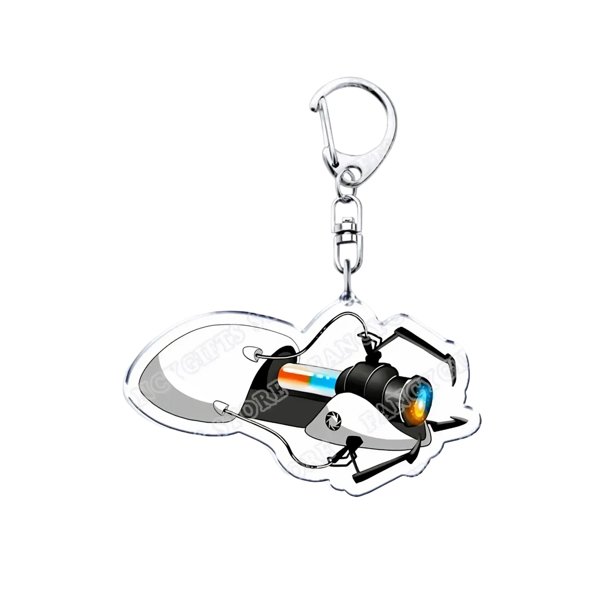 Clear acrylic Portal video game keychain featuring a black and silver robotic insect with colorful glowing accents
