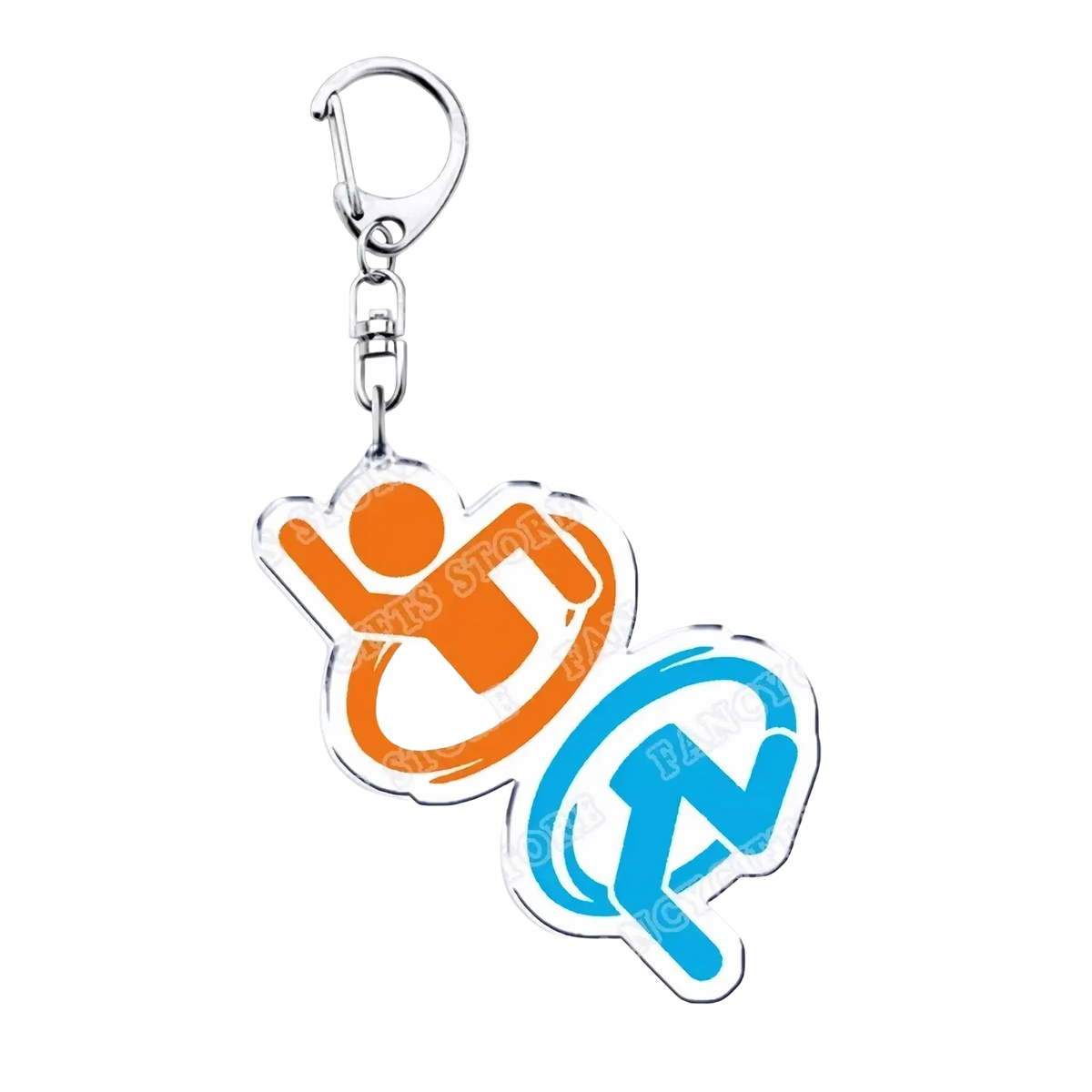 Orange and blue acrylic Portal video game keychain with stylized figure design and white trim for gamer gift