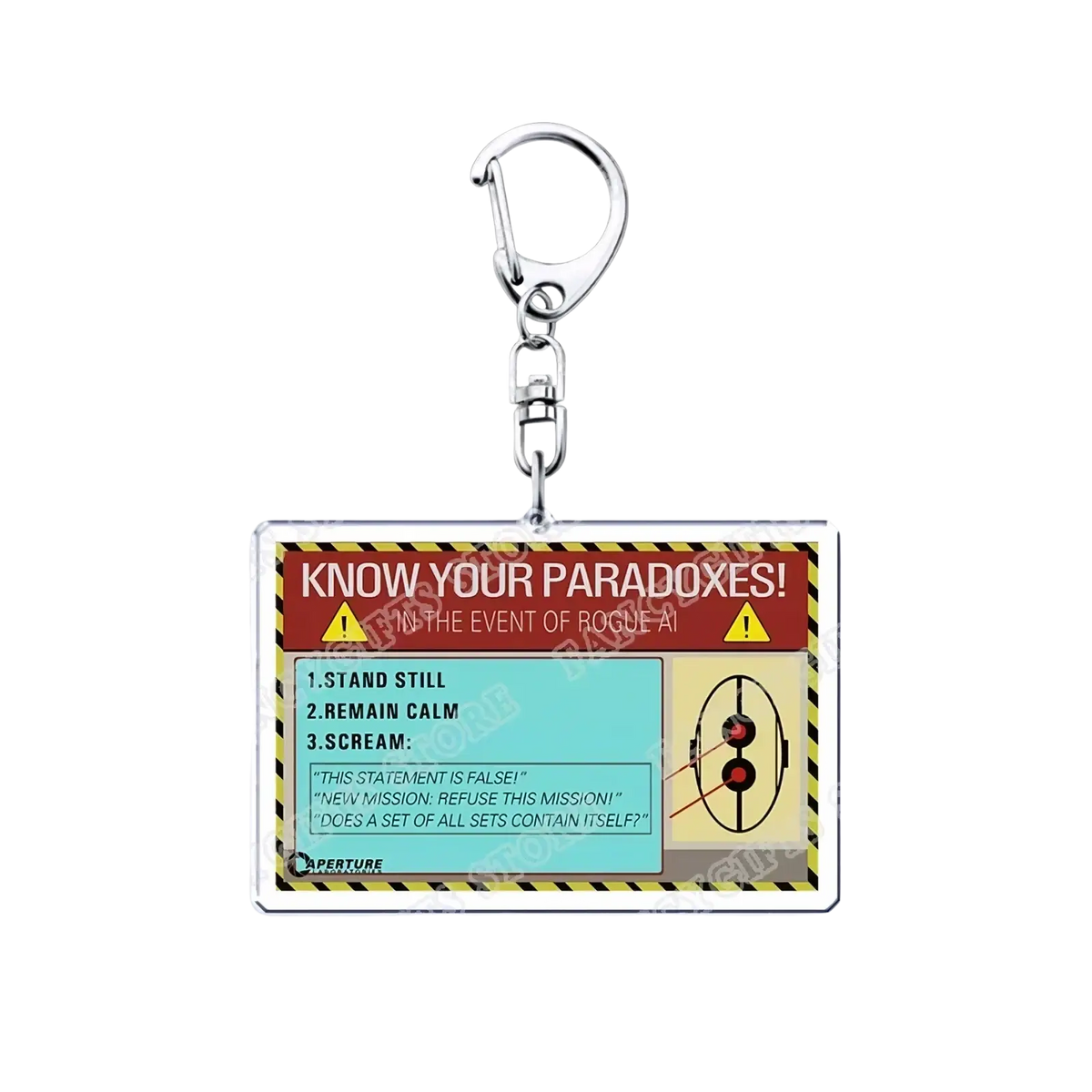 A rectangular acrylic Portal video game keychain with a bold know your paradoxes warning label in red and teal