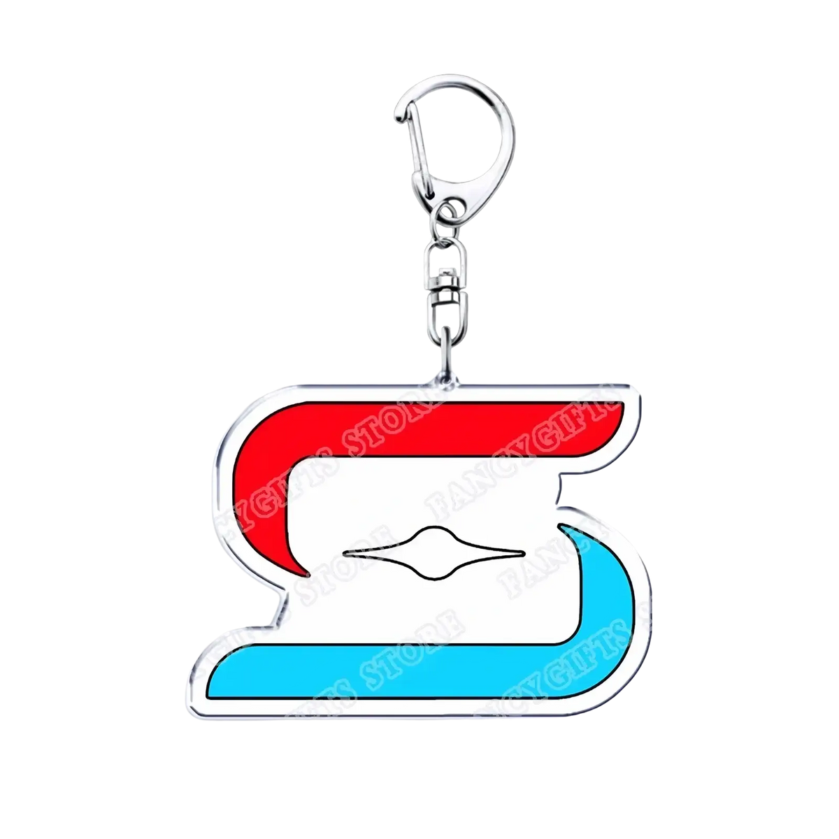 A shiny silver acrylic keychain featuring a bold red and blue portal video game logo with a white center gamer gift