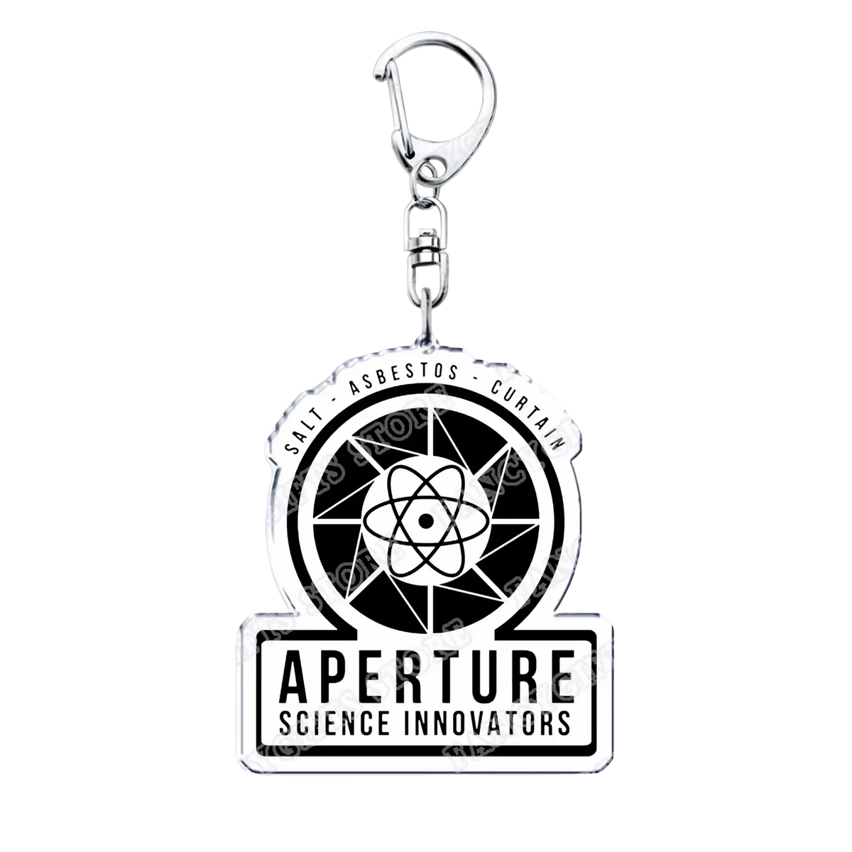 Silver acrylic Portal video game keychain featuring the Aperture Science logo with a black and white atomic symbol design