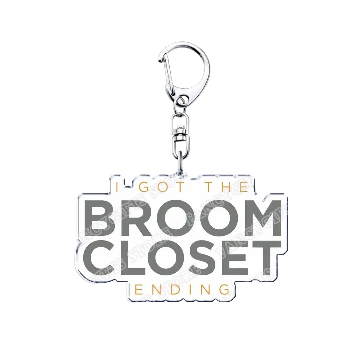 Silver acrylic portal video game keychain with i got the broom closet ending text in gray and gold lettering