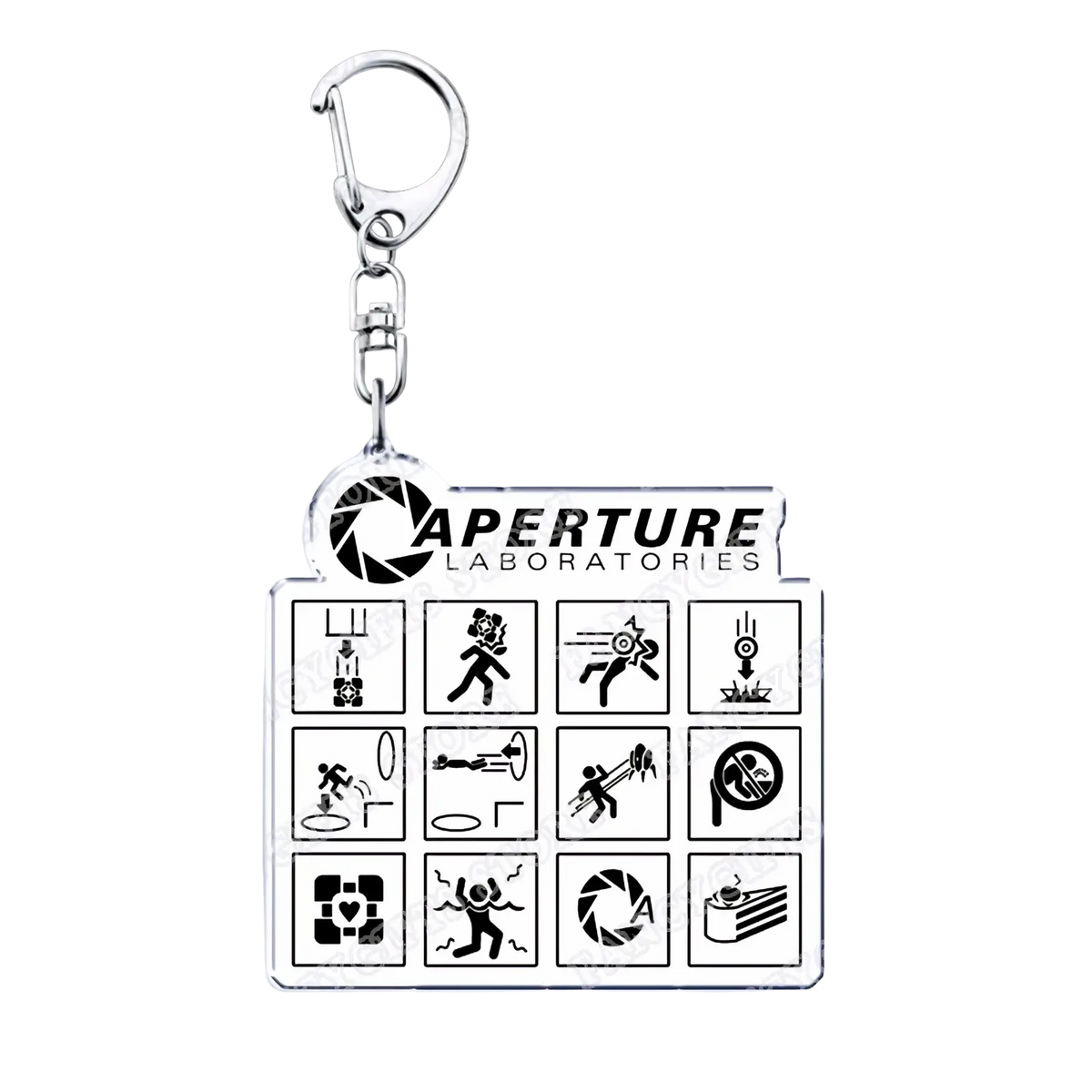 Silver acrylic Portal video game keychain featuring the Aperture Laboratories logo and iconic game symbol grid design