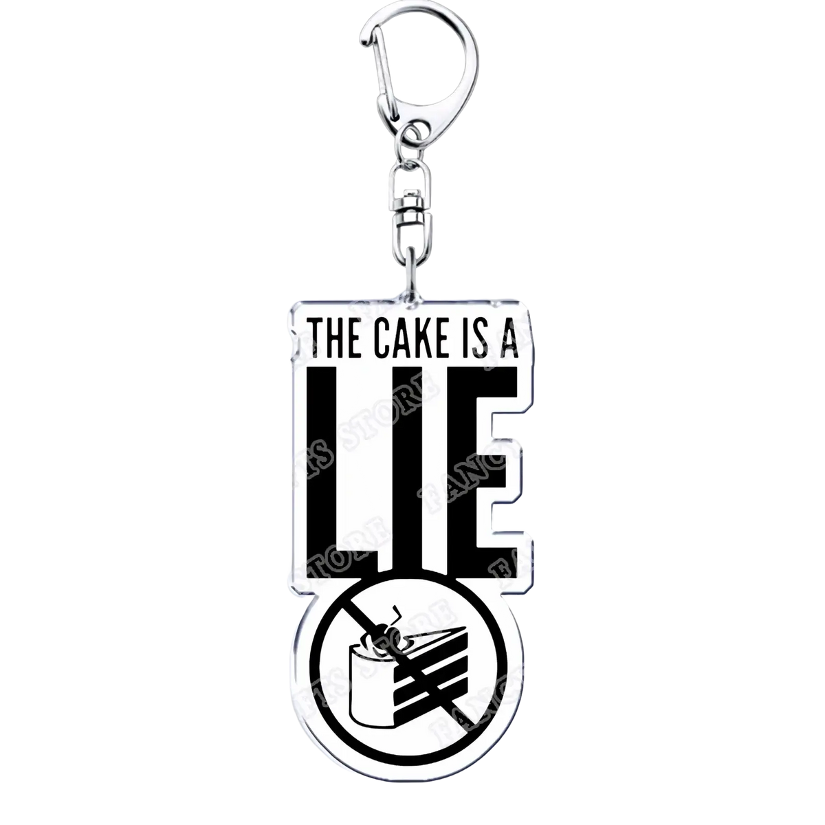 Silver acrylic Portal video game keychain with the phrase the cake is a lie and crossed-out cake emblem