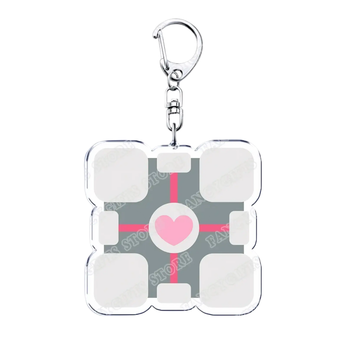 Silver-accented acrylic Portal video game keychain with gray square, white cutouts, pink crosshair, and soft pink heart