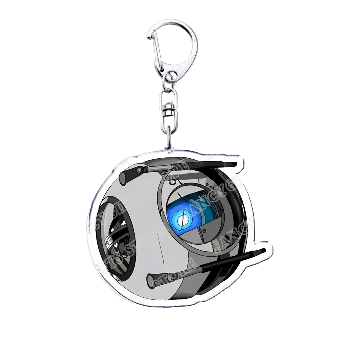 Silver and black acrylic Portal video game keychain featuring the iconic blue-eyed robot for gamer gift