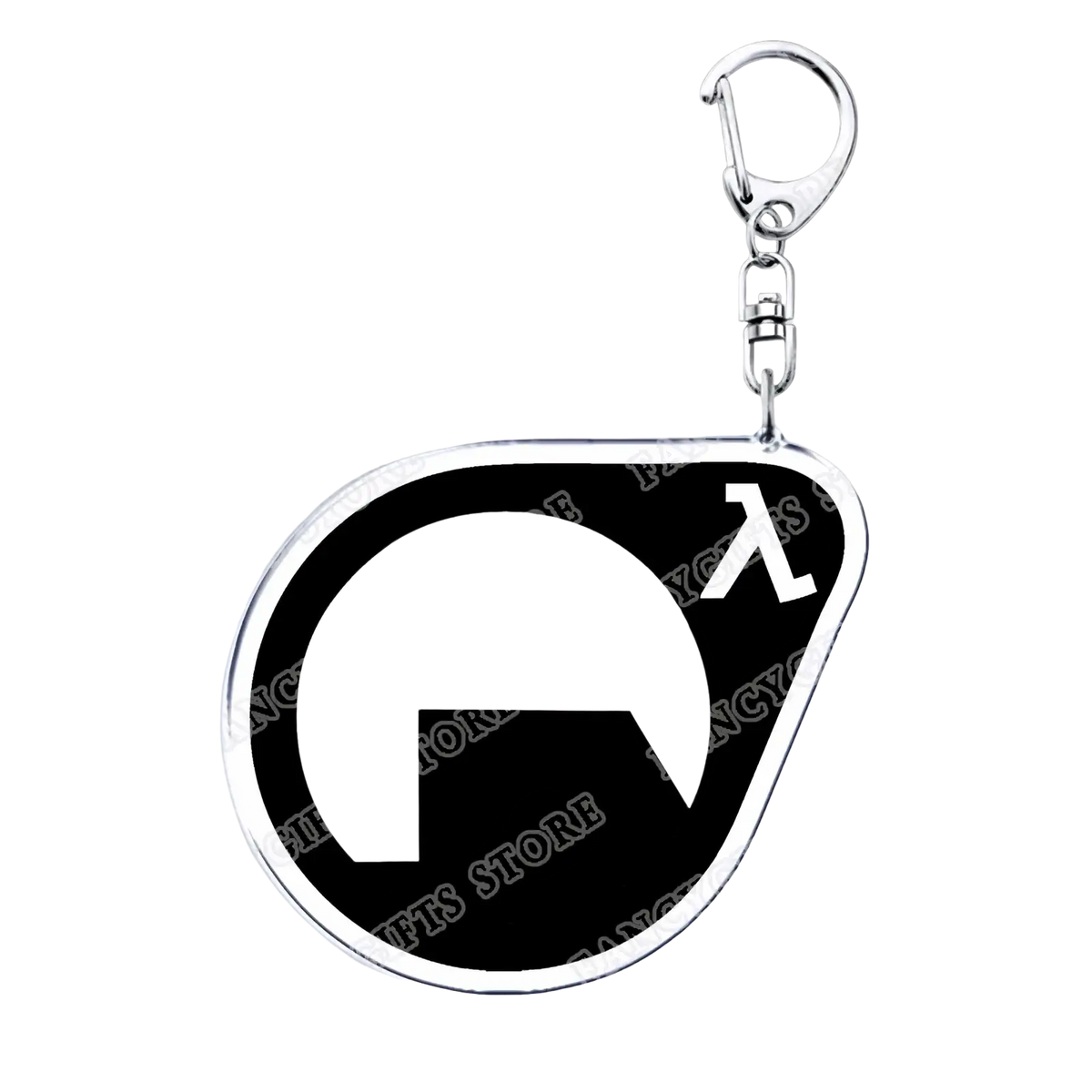 Silver-framed acrylic keychain with black and white lambda symbol design from Portal video game gamer gift