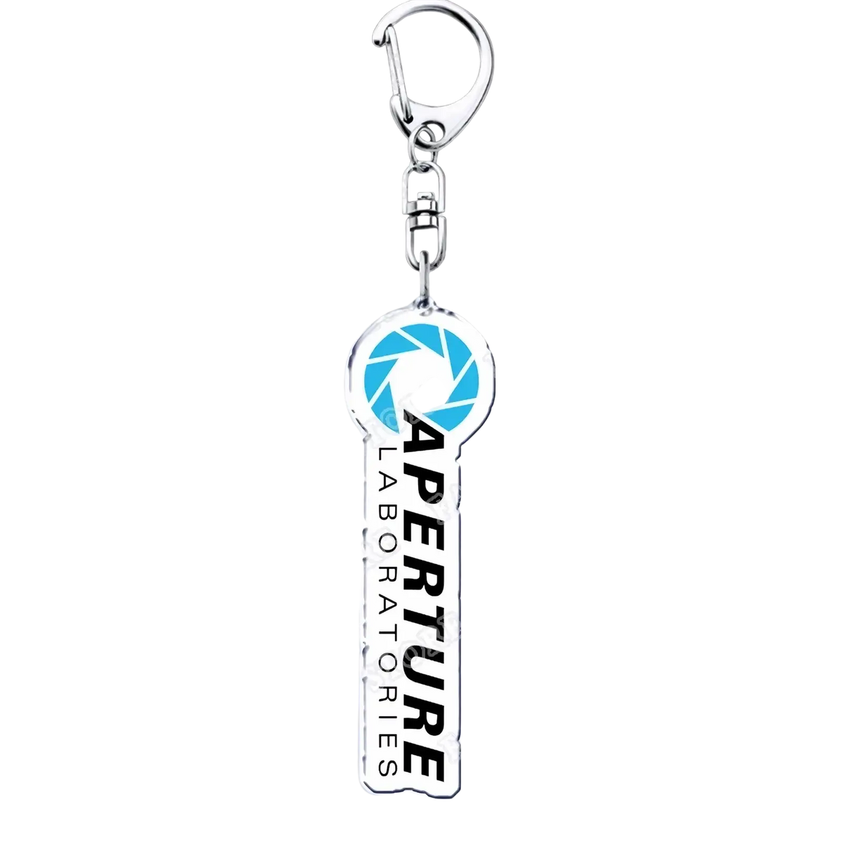 Silver acrylic key-shaped keychain with blue aperture laboratories logo and black text portal video game gamer gift