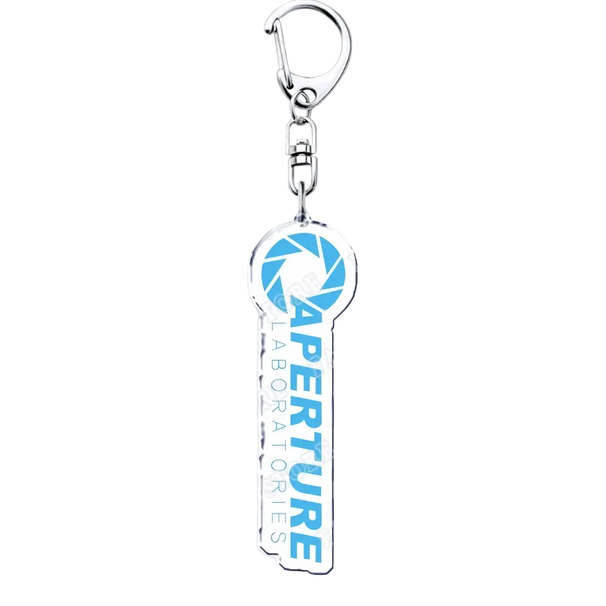 Silver acrylic key-shaped keychain featuring the blue and white Aperture Laboratories logo from Portal video game