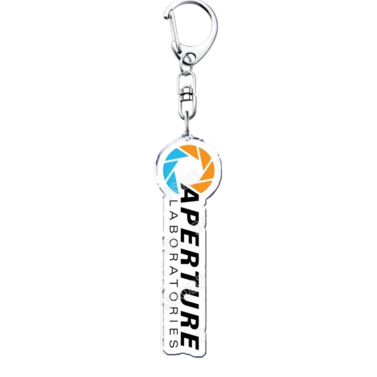 Silver acrylic keychain shaped like a key featuring the blue and orange Aperture Laboratories logo from Portal video game