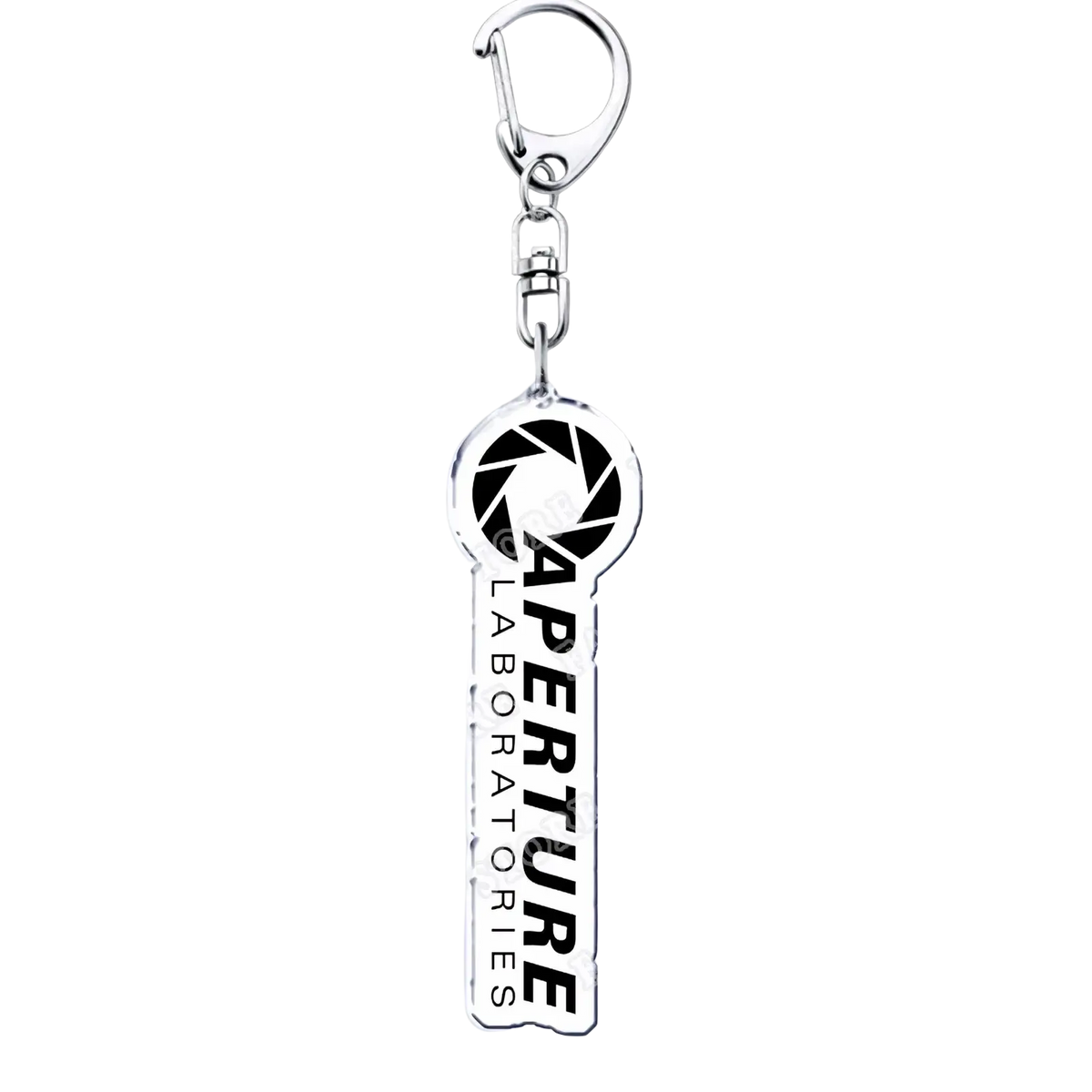 Silver acrylic key-shaped keychain with black aperture laboratories logo and bold white lettering for portal gamers
