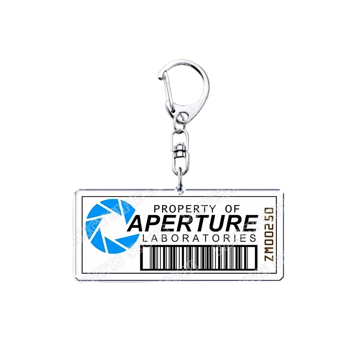 Silver rectangular acrylic keychain with white label featuring blue Aperture Laboratories logo and barcode for gamers