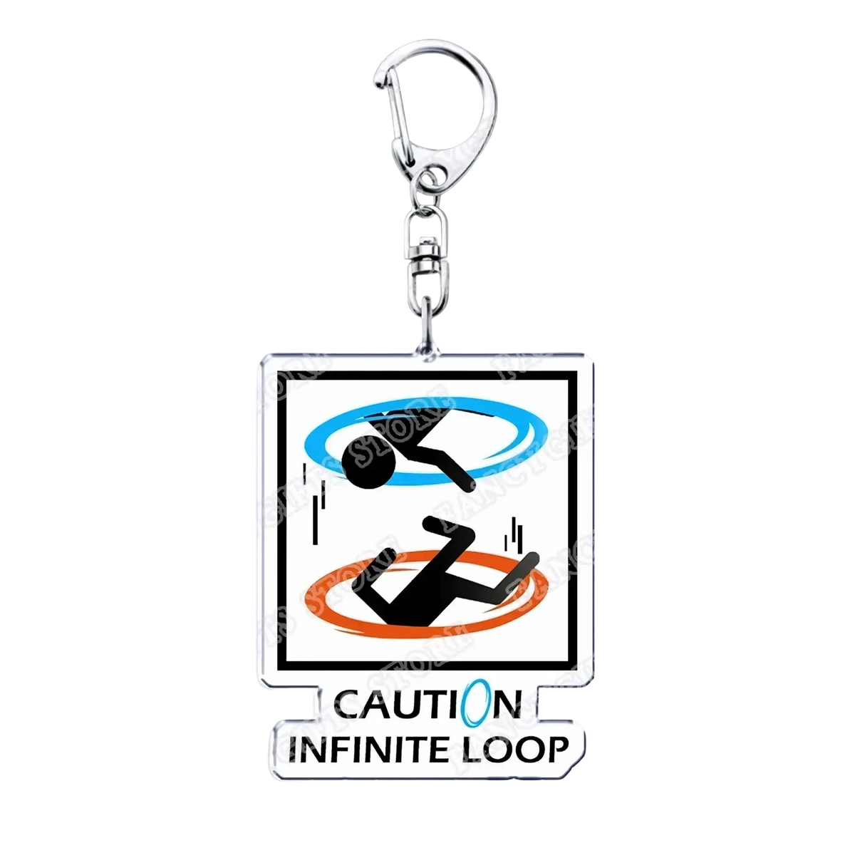 Silver rectangular acrylic keychain featuring black stick figure infinite loop design with blue orange lines caution label portal game gift