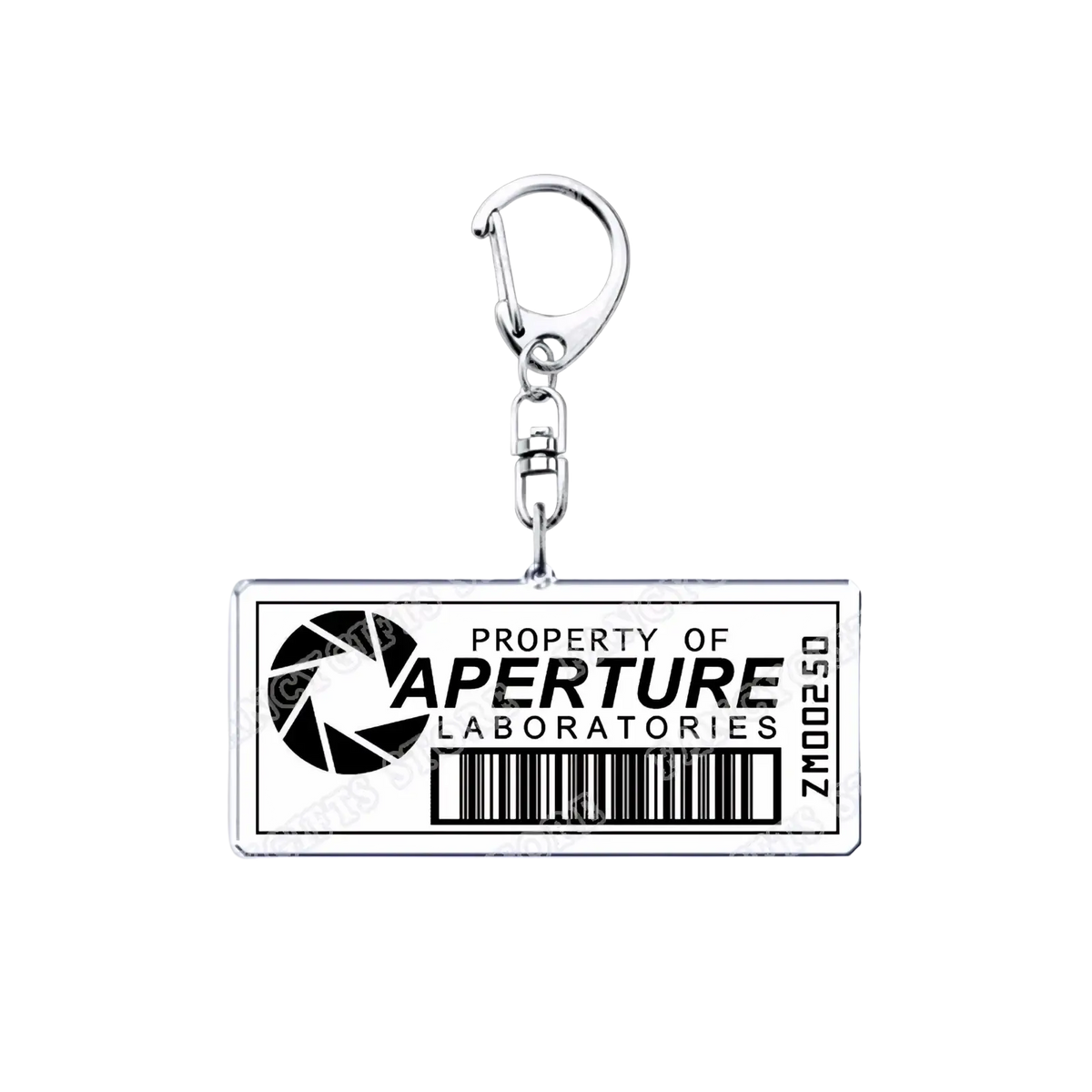 Silver rectangular acrylic keychain with black and white property of aperture laboratories logo and barcode portal gamer gift