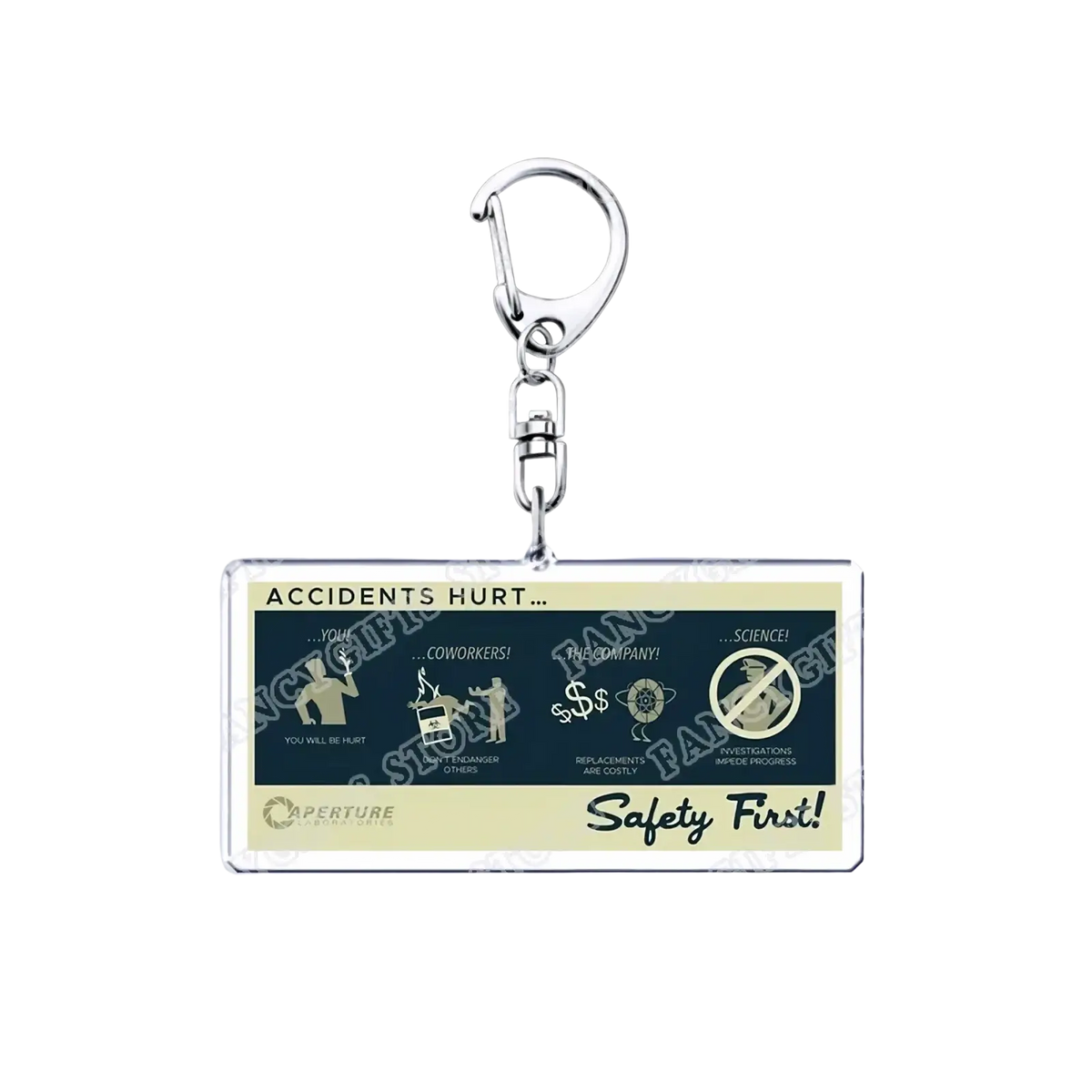 Silver rectangular acrylic portal video game keychain with safety-themed design in black and beige on dark blue background