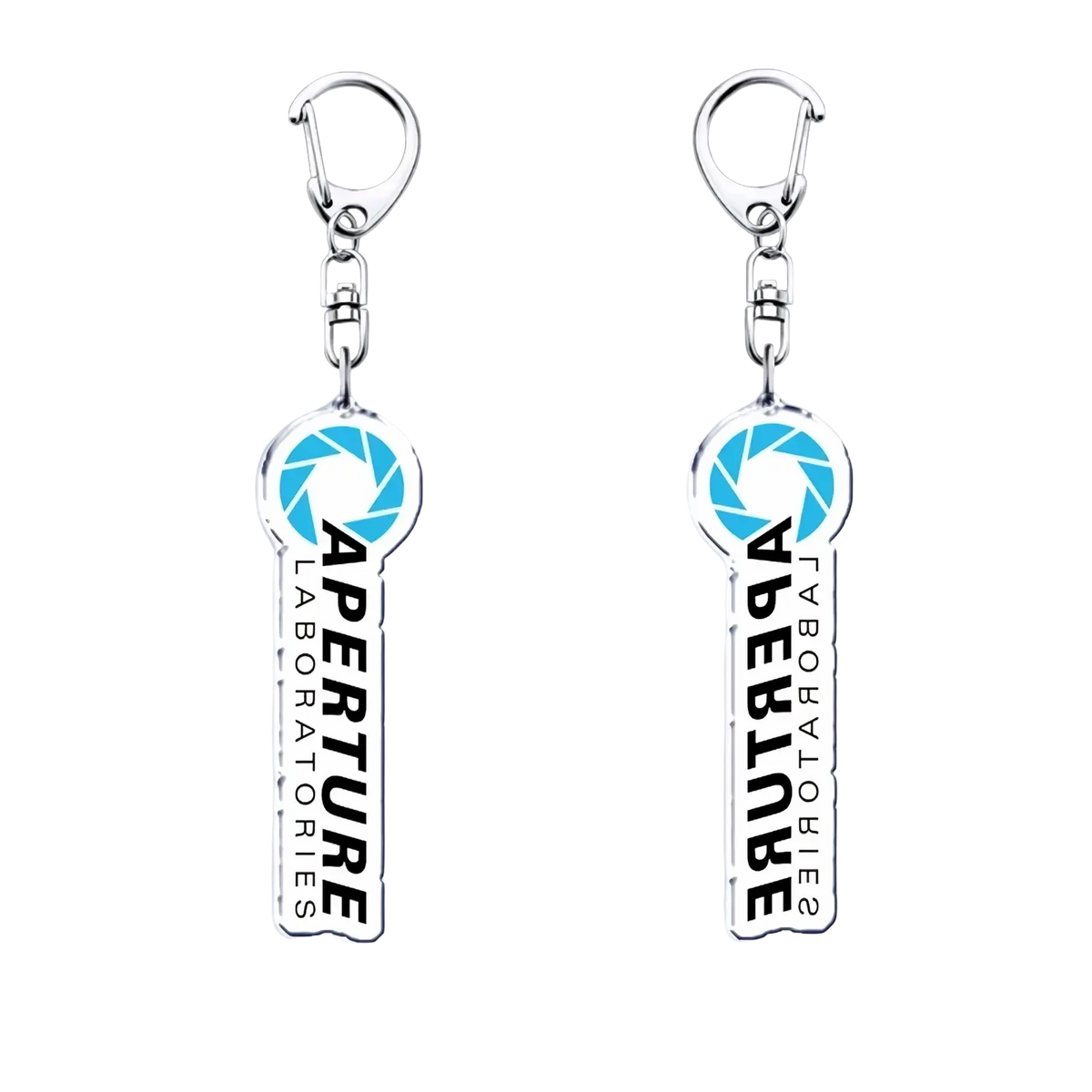 Silver acrylic keychain shaped like a key with Aperture Laboratories logo and blue emblem for Portal video game fans