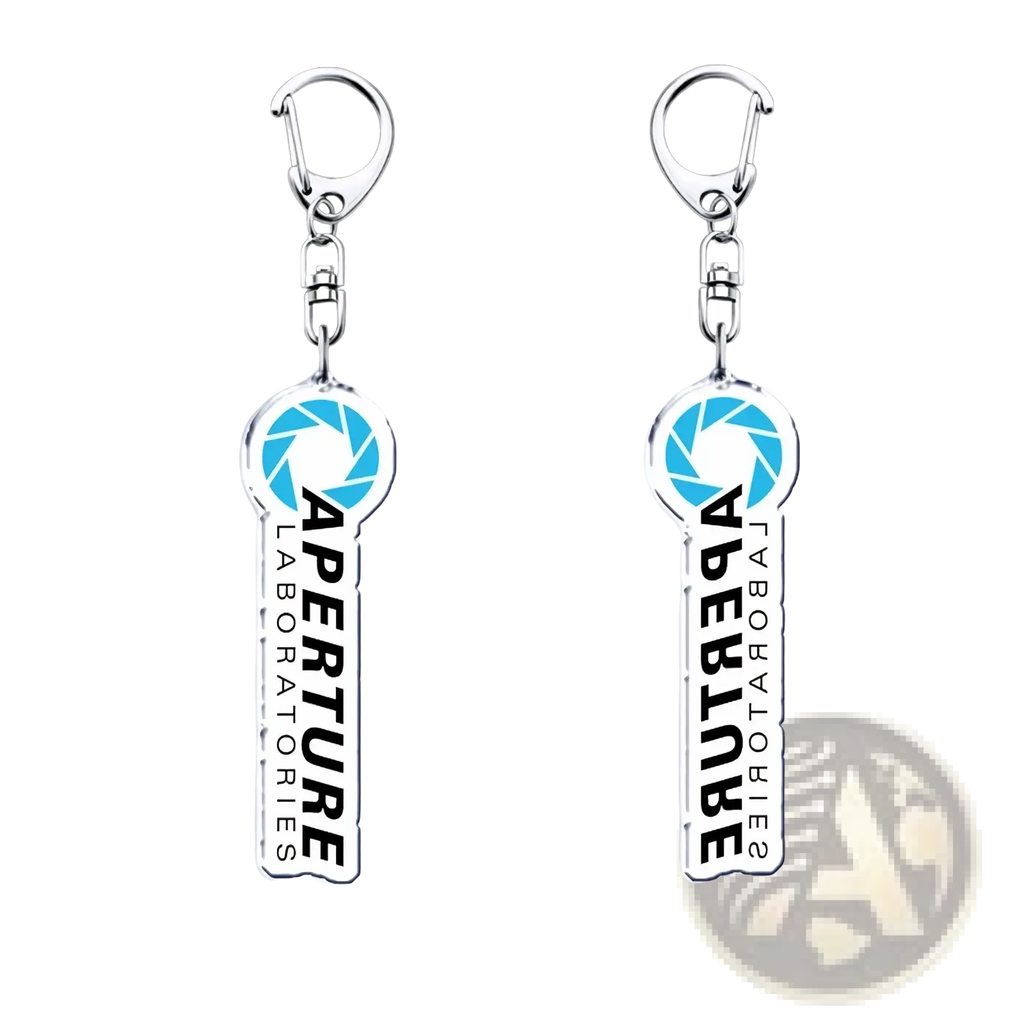 Silver acrylic keychain shaped like a key with Aperture Laboratories logo and blue emblem for Portal video game fans
