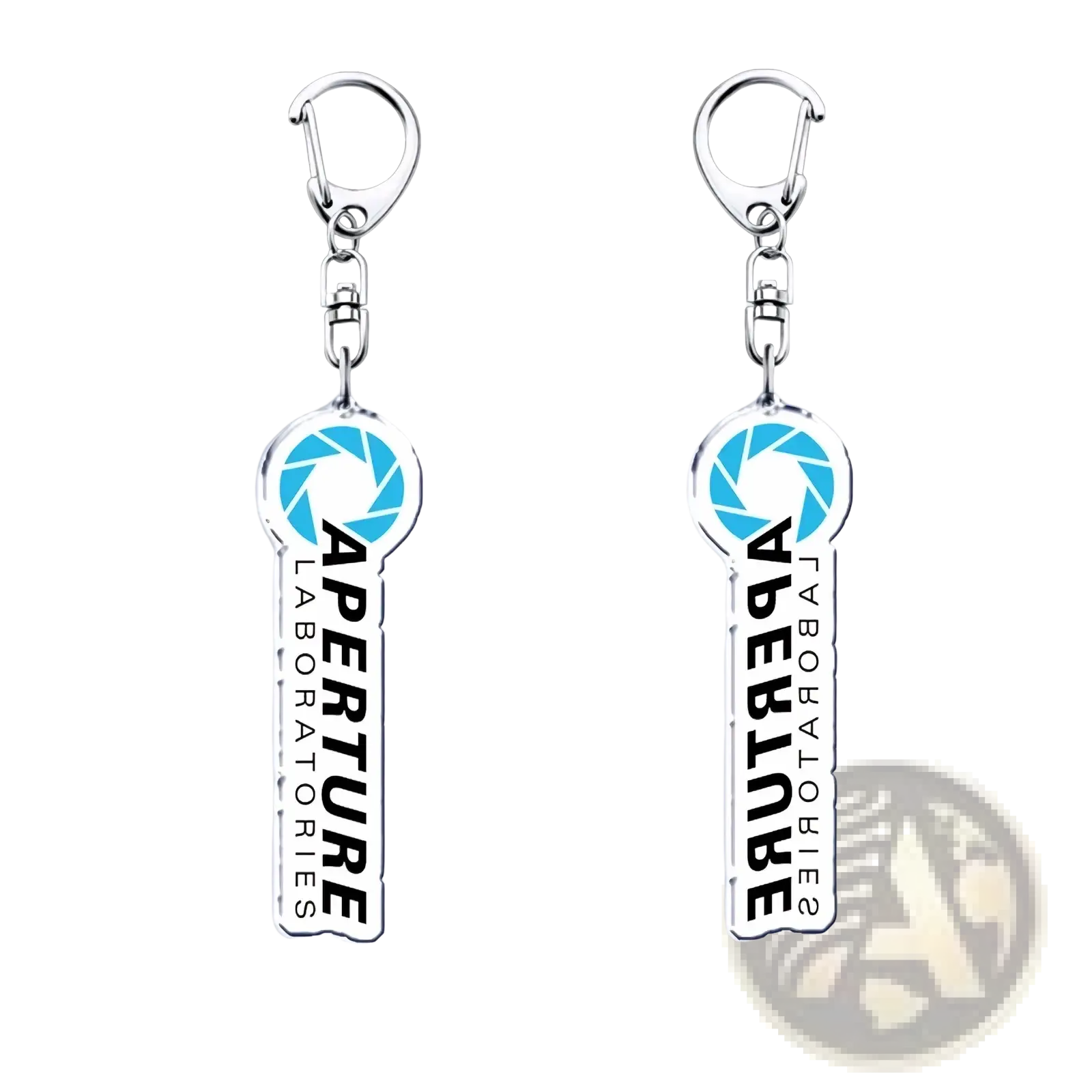 Silver acrylic keychain shaped like a key with Aperture Laboratories logo and blue emblem for Portal video game fans