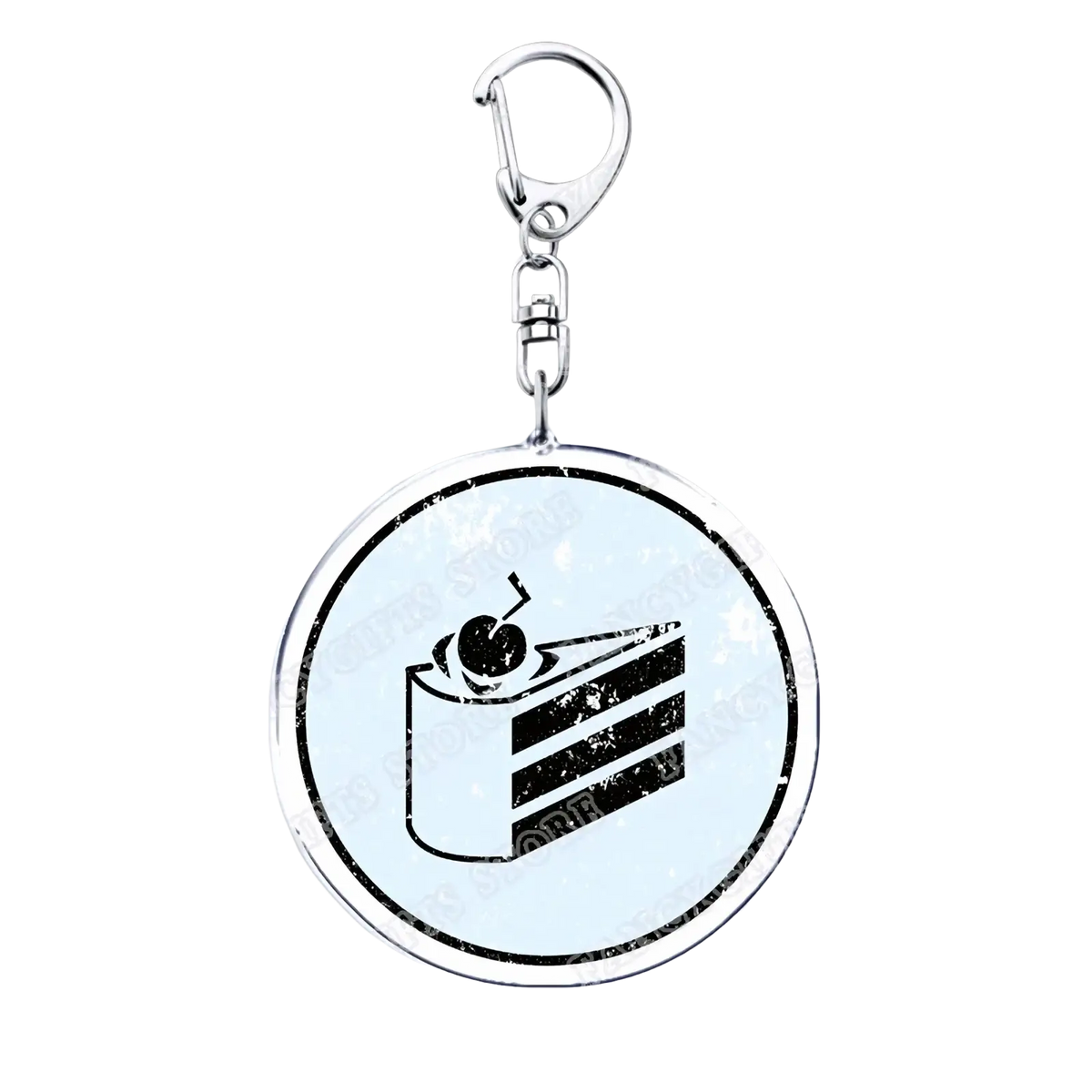 Silver-toned acrylic Portal video game keychain featuring a black and light blue distressed cake slice design with cherry