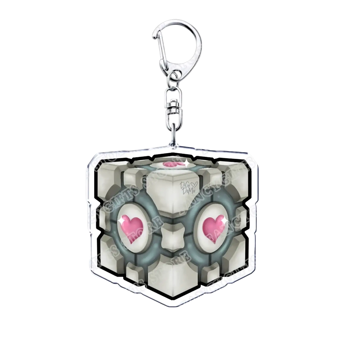 A silver-toned hexagonal acrylic portal video game keychain with a robotic cube featuring pink heart eyes