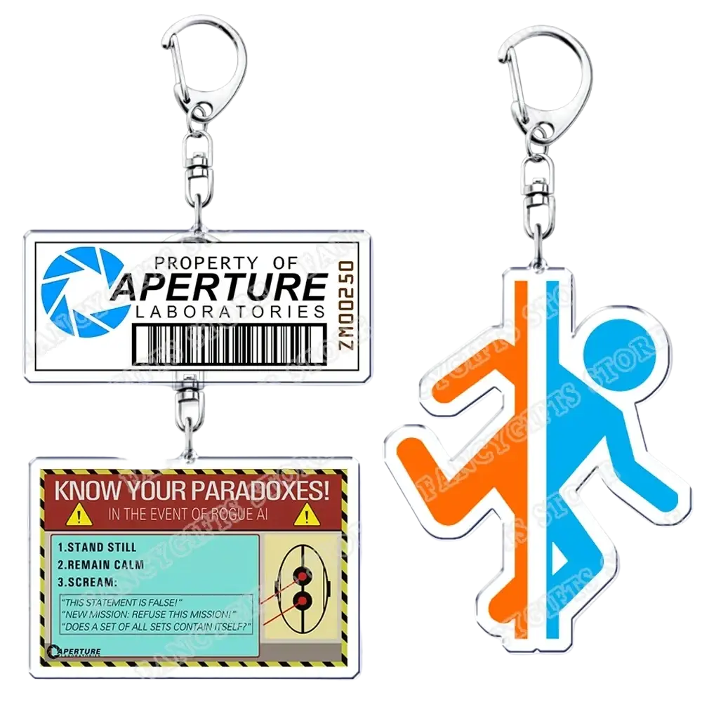 Silver keychain with two acrylic charms featuring aperture laboratories id card and orange blue stylized figure from portal game