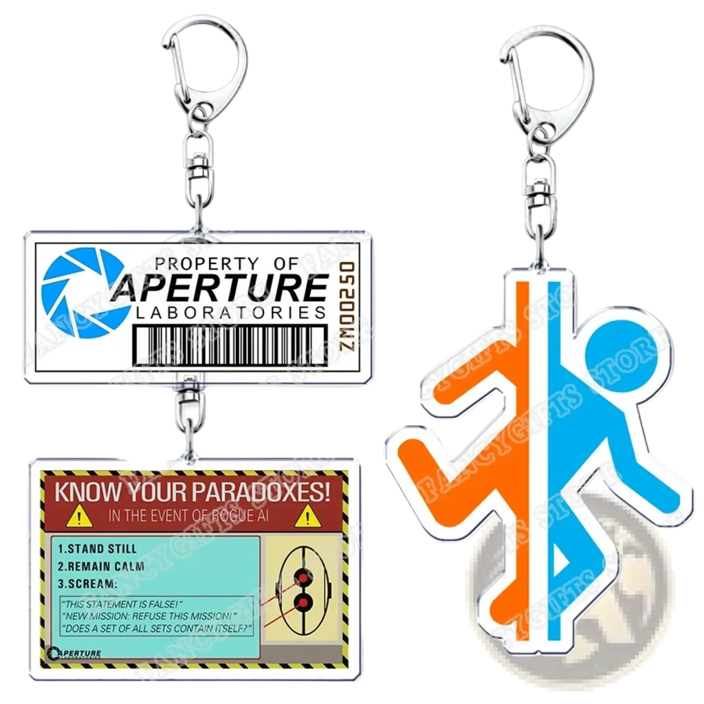 Silver keychain with two acrylic charms featuring aperture laboratories id card and orange blue stylized figure from portal game