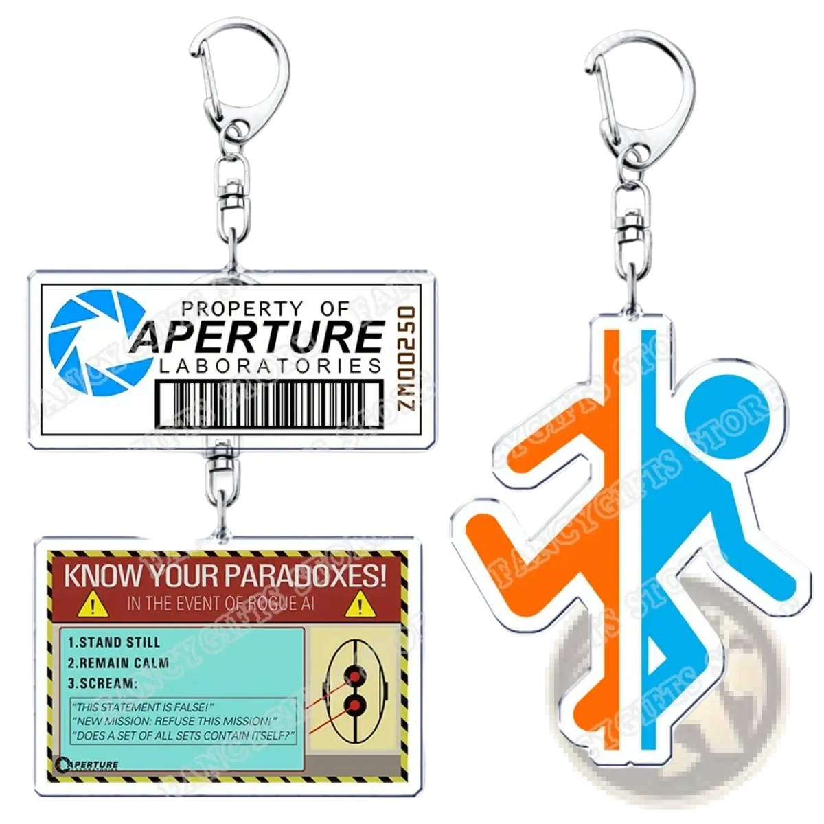 Silver keychain with two acrylic charms featuring aperture laboratories id card and orange blue stylized figure from portal game
