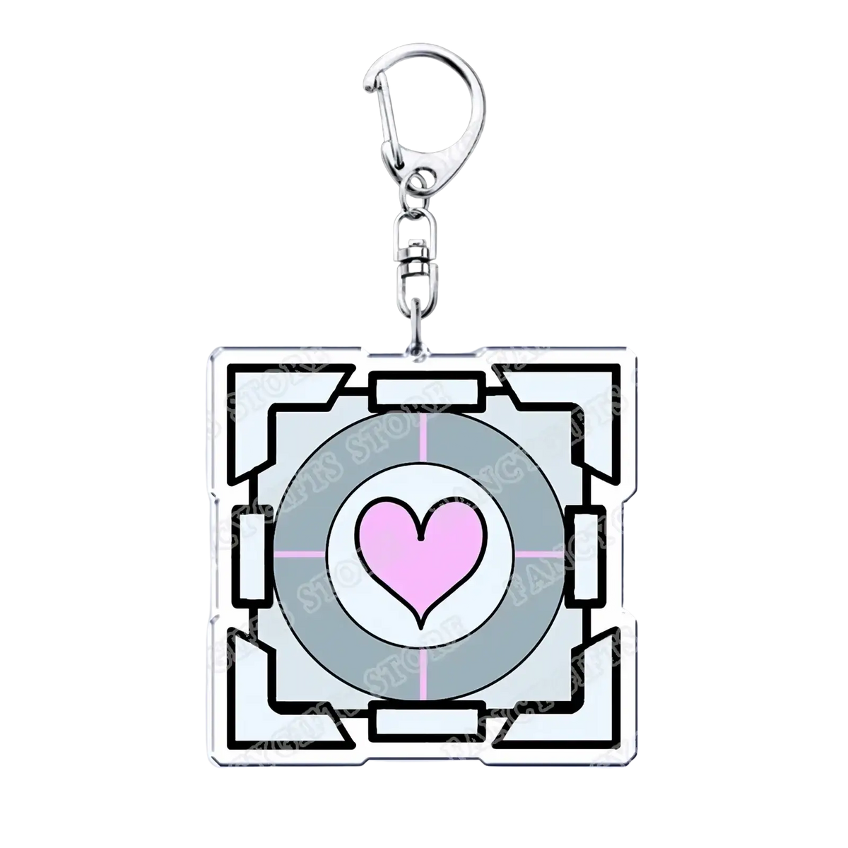 Acrylic Portal video game keychain featuring a pink heart design with geometric frames and a silver metal clasp