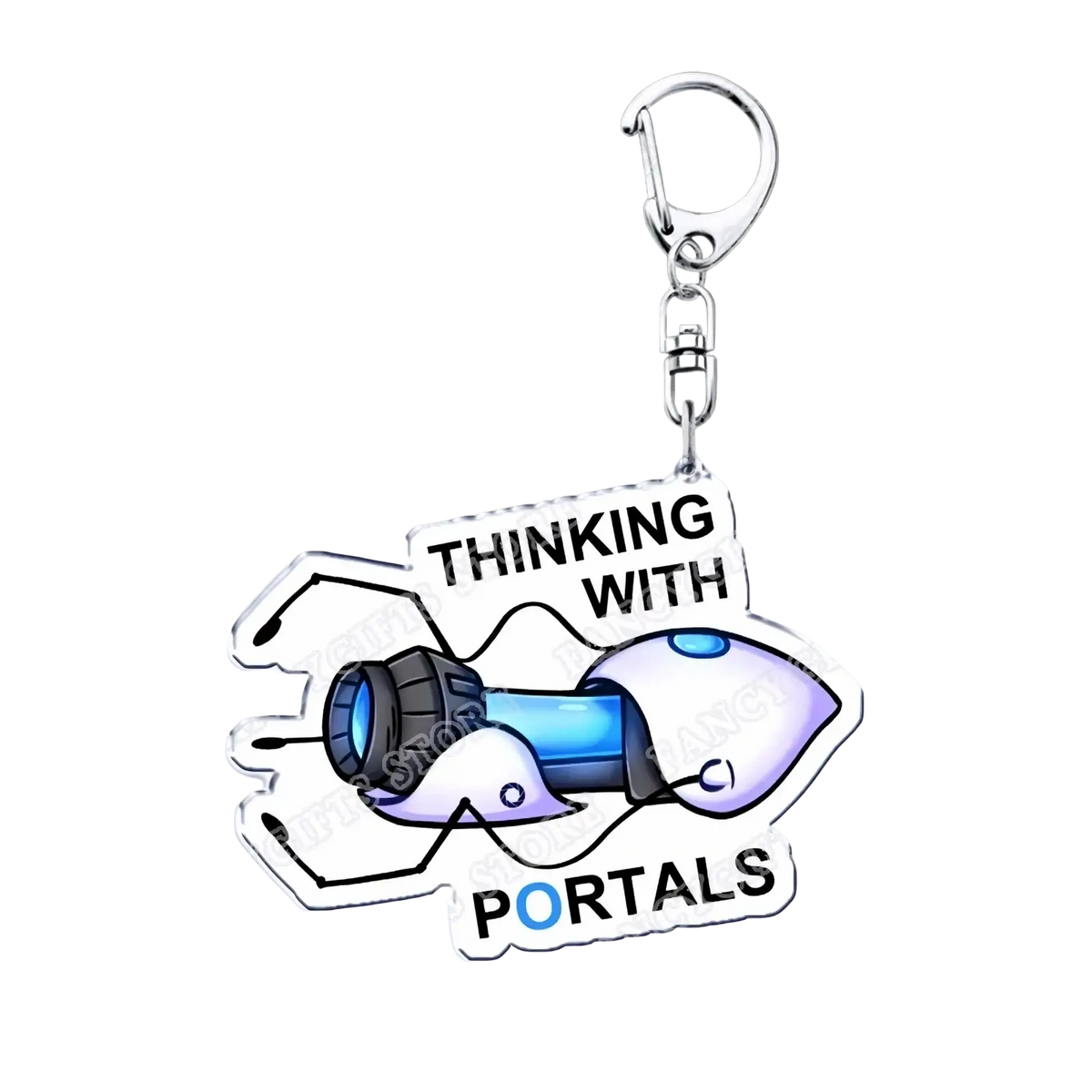 A translucent acrylic portal video game keychain with blue and purple cartoon-style portal gun and silver clasp
