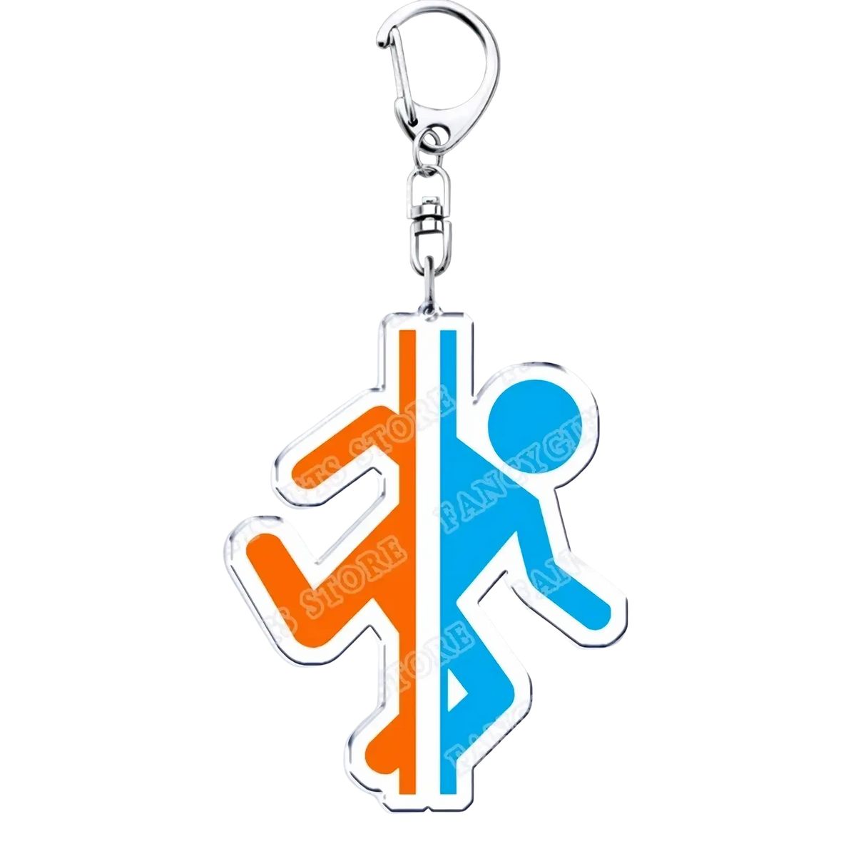 A vibrant orange and blue acrylic portal video game stick figure keychain with silver metal clasp for gamers
