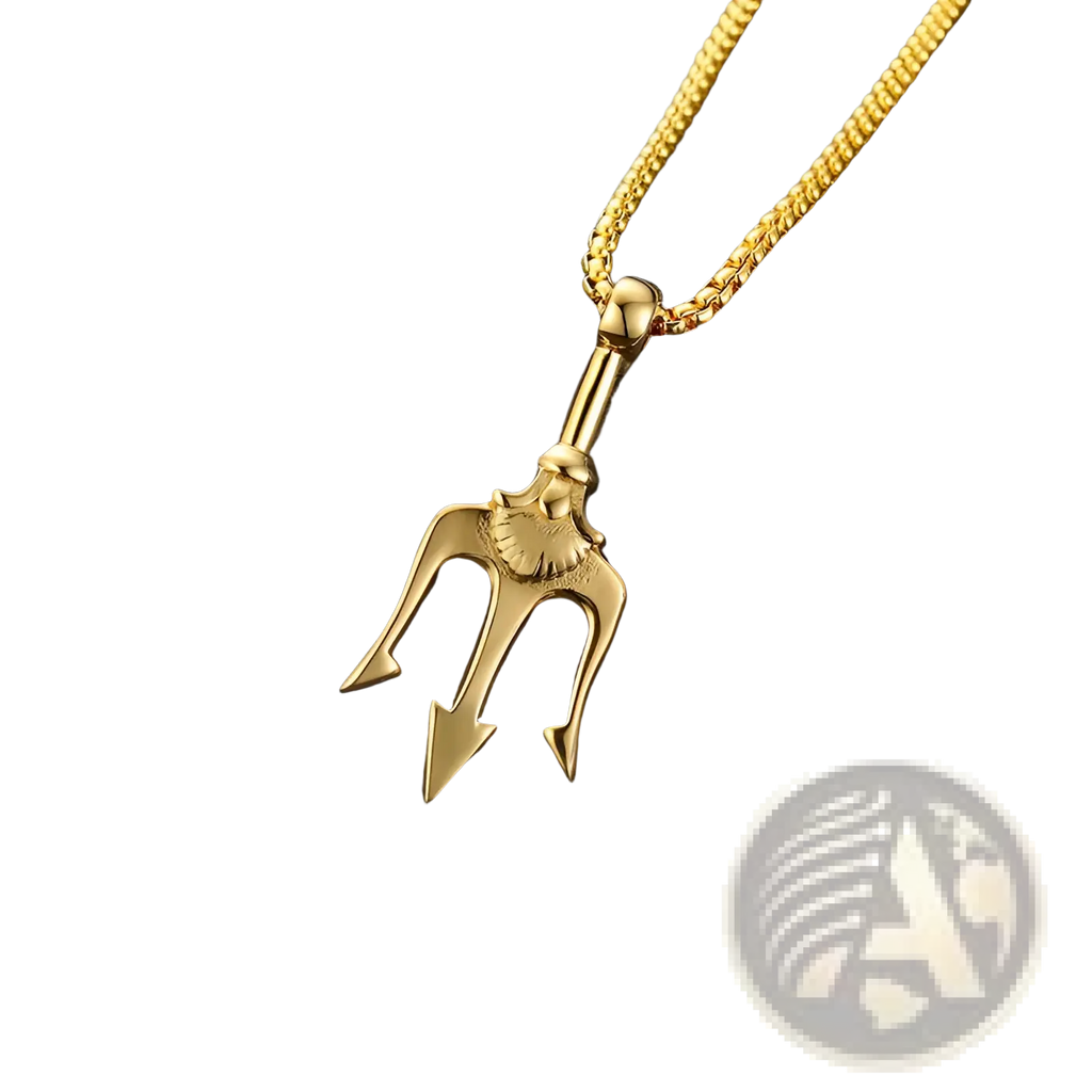 Gold-colored Poseidon trident pendant necklace in titanium steel with a textured chain for elegant wear