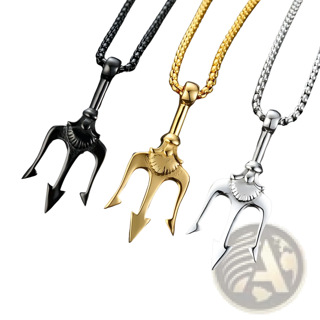 Poseidon trident pendant necklaces in black gold and silver titanium steel with detailed designs