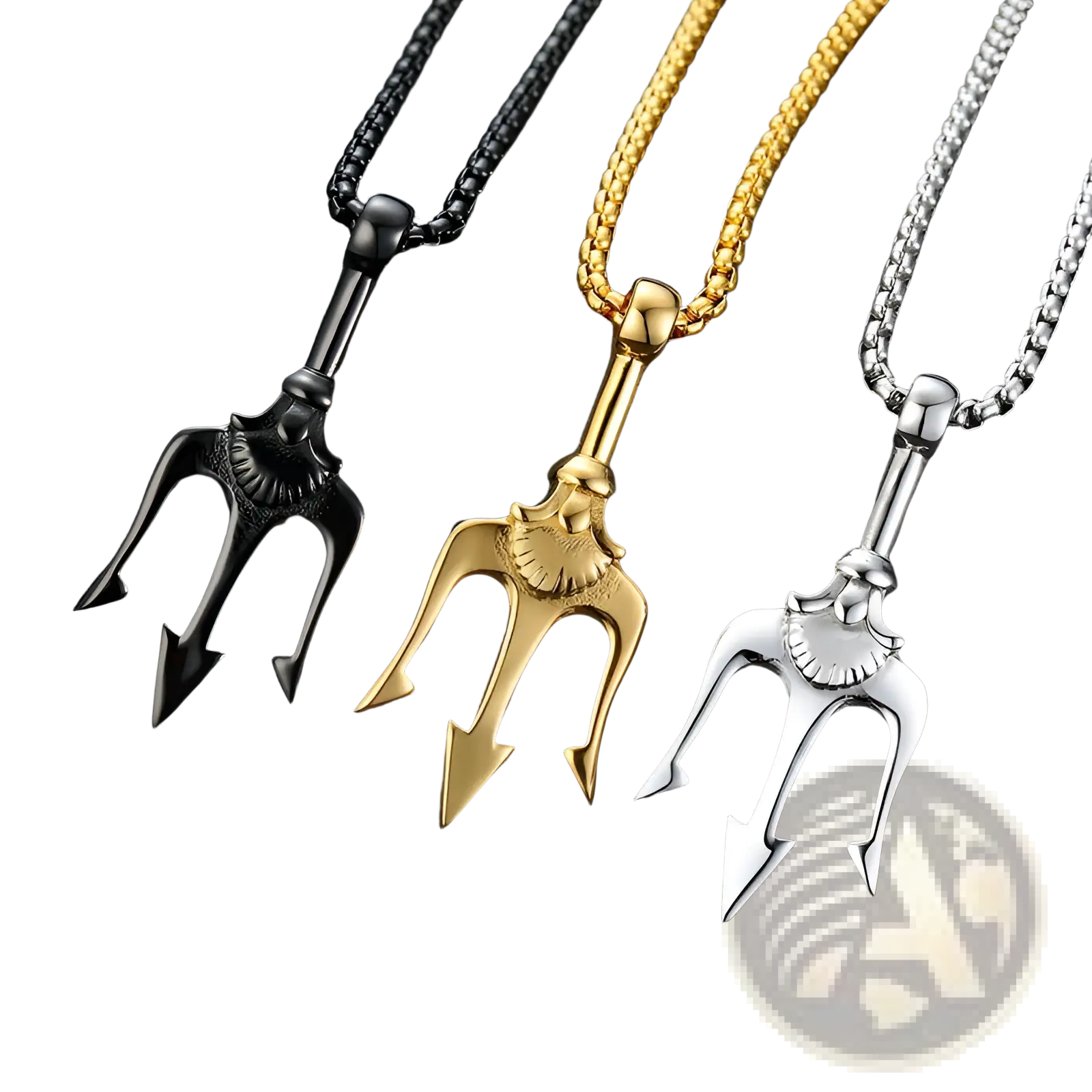 Poseidon trident pendant necklaces in black gold and silver titanium steel with detailed designs