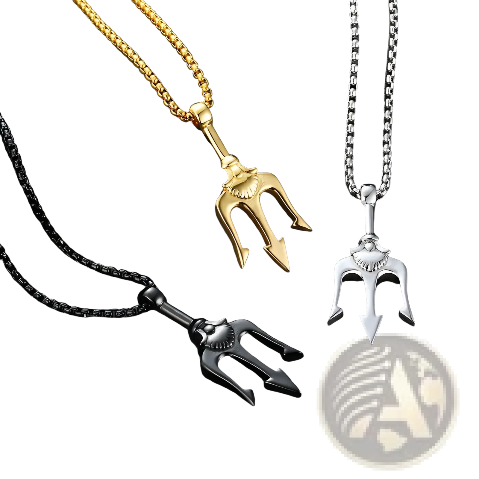 Poseidon trident pendant necklaces in gold silver and black titanium steel with matching chains displayed together