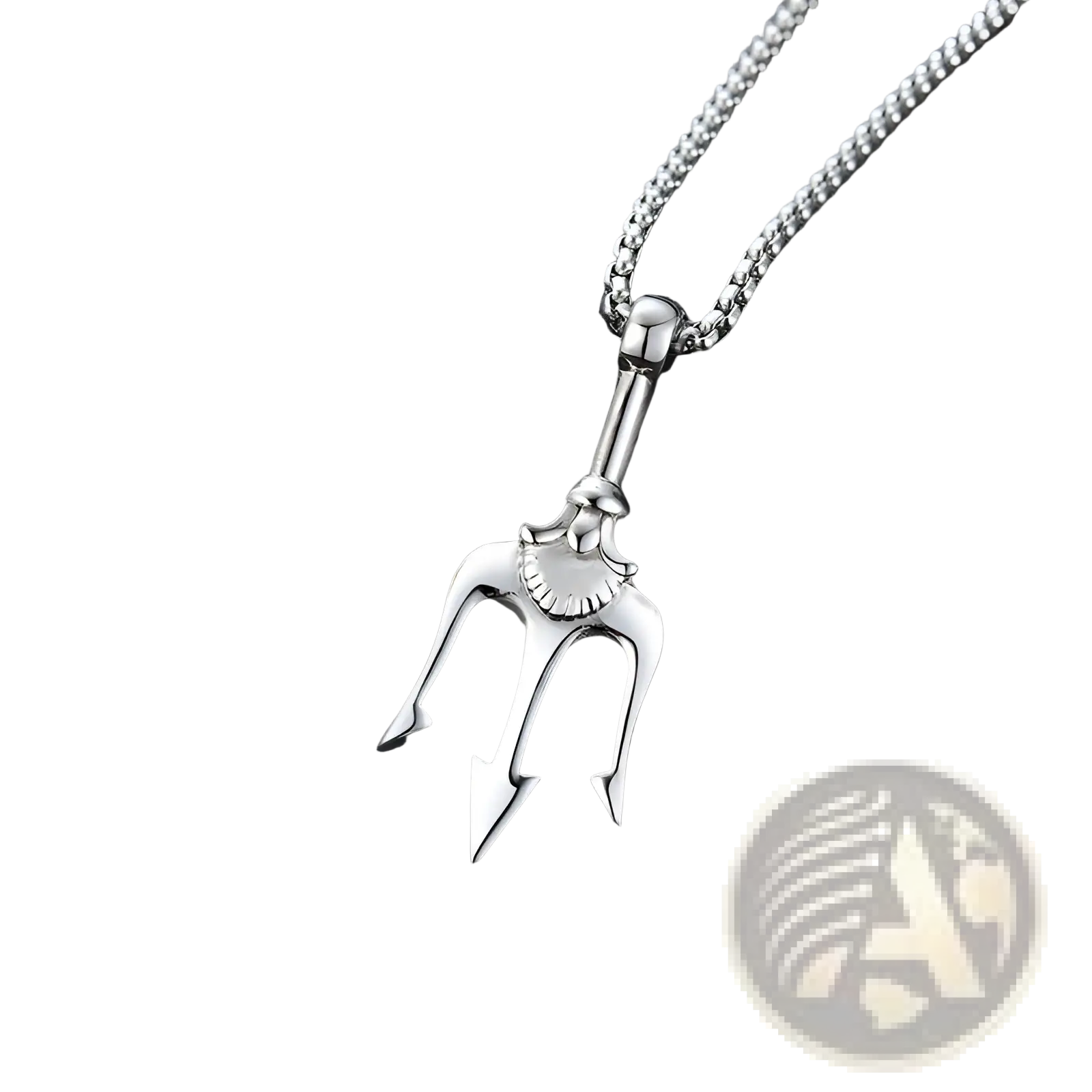 Poseidon trident pendant necklace in titanium steel with a sleek polished silver finish and a sturdy chain