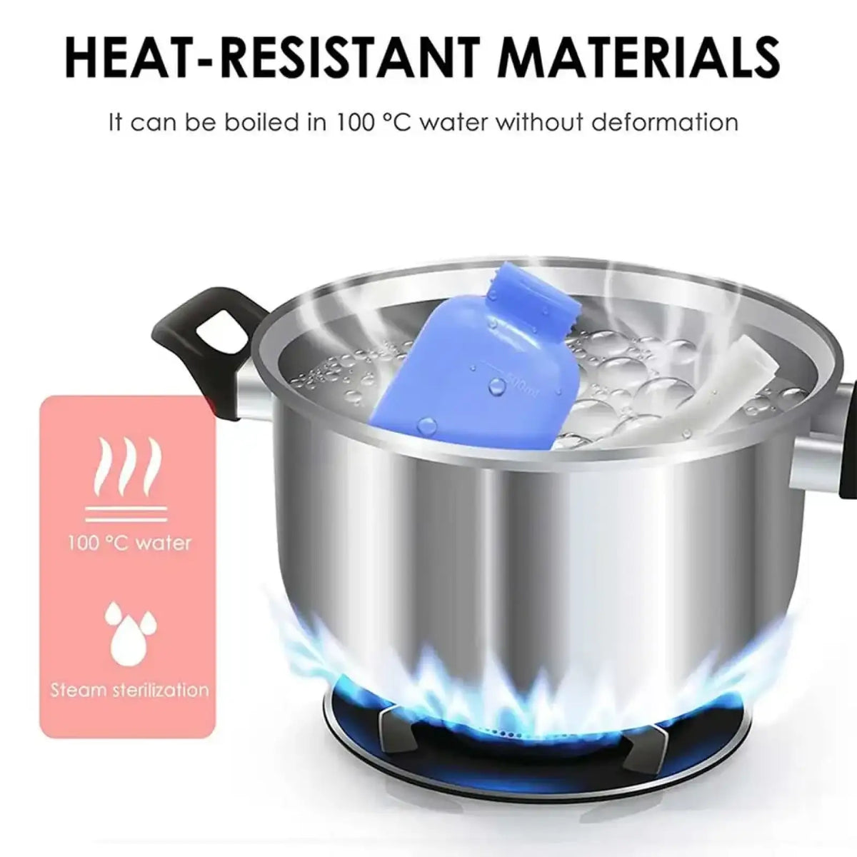 Blue silicone postpartum peri bottle in stainless steel pot with steam rising from boiling 100°c water