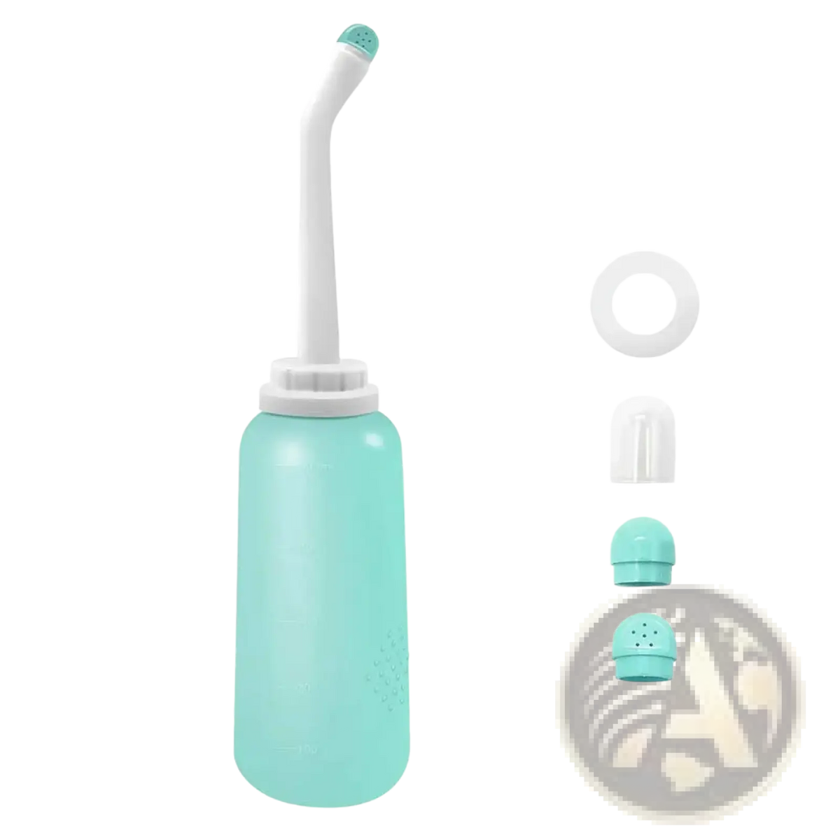 A mint green plastic postpartum peri bottle with a white flexible nozzle and interchangeable spray tips for perineal care
