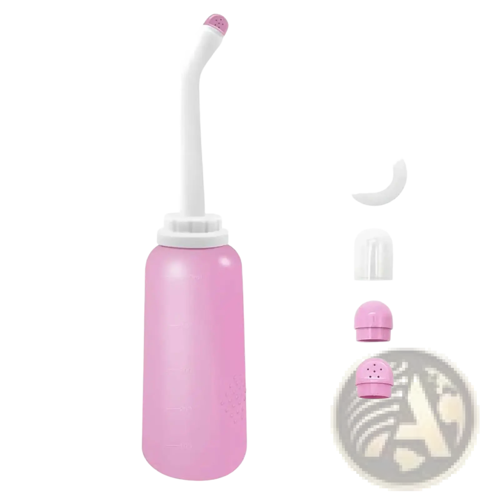 Pink plastic postpartum peri bottle irrigator with white nozzle and interchangeable pink tips for perineal care