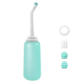 A mint green plastic postpartum peri bottle with a white flexible nozzle and interchangeable spray tips for perineal care