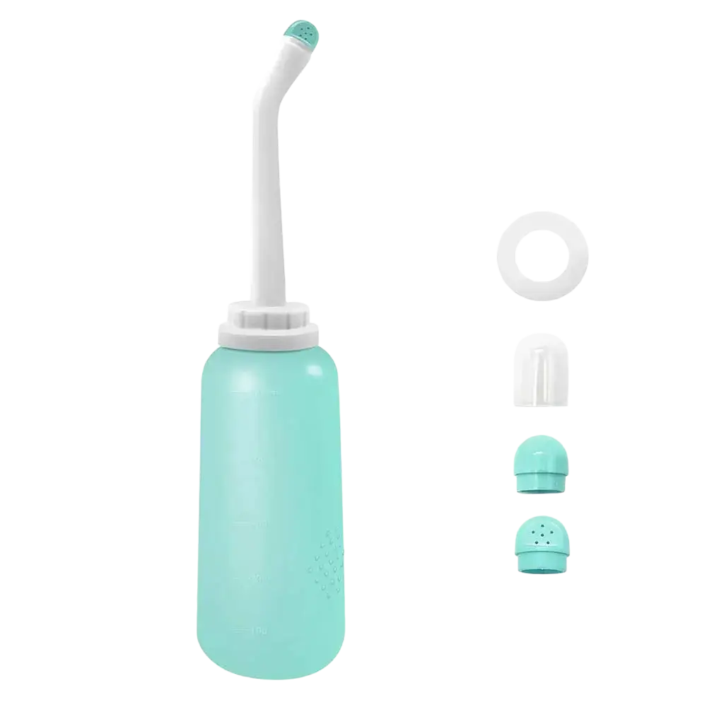 A mint green plastic postpartum peri bottle with a white flexible nozzle and interchangeable spray tips for perineal care