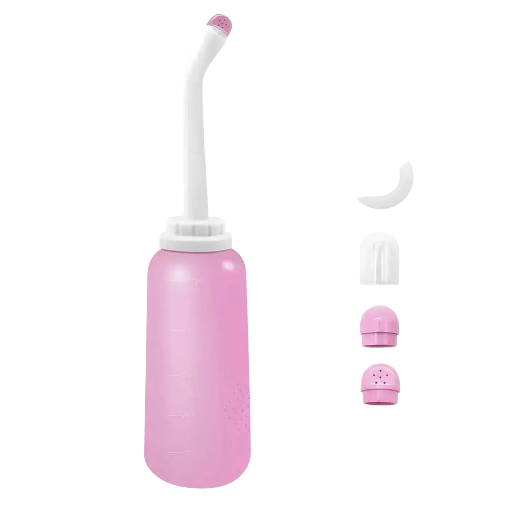 Pink plastic postpartum peri bottle irrigator with white nozzle and interchangeable pink tips for perineal care