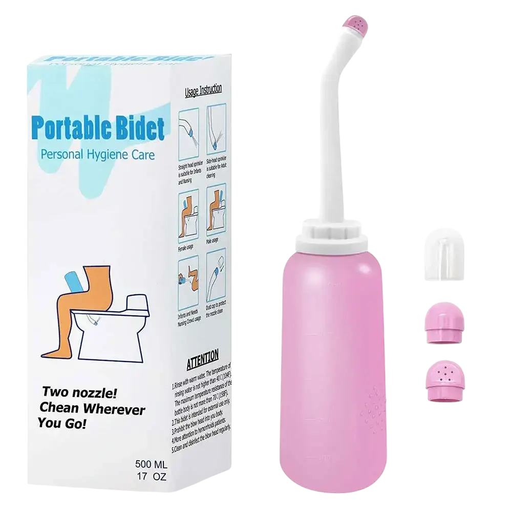 Pink portable postpartum peri bottle with white nozzle and interchangeable pink nozzles for perineal care