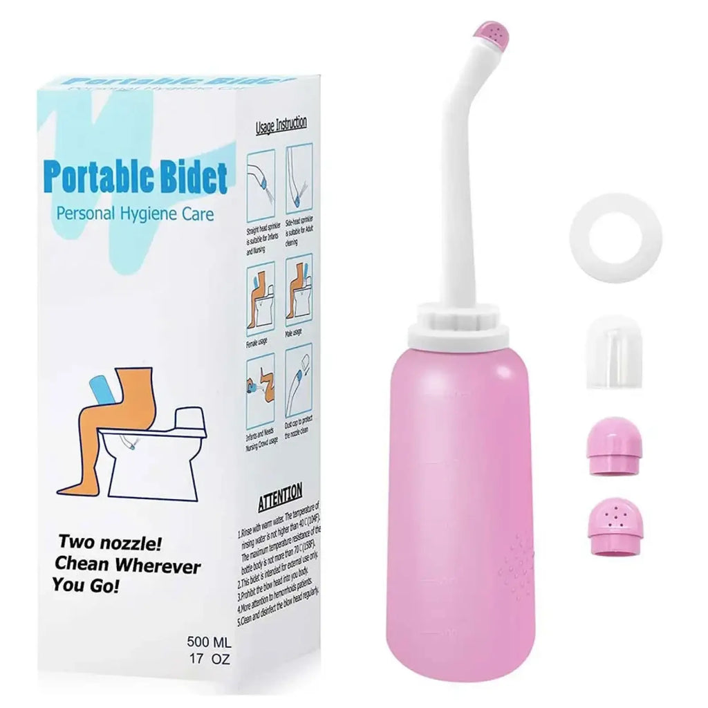 Pink portable postpartum peri bottle with white nozzle and interchangeable pink nozzles for perineal care