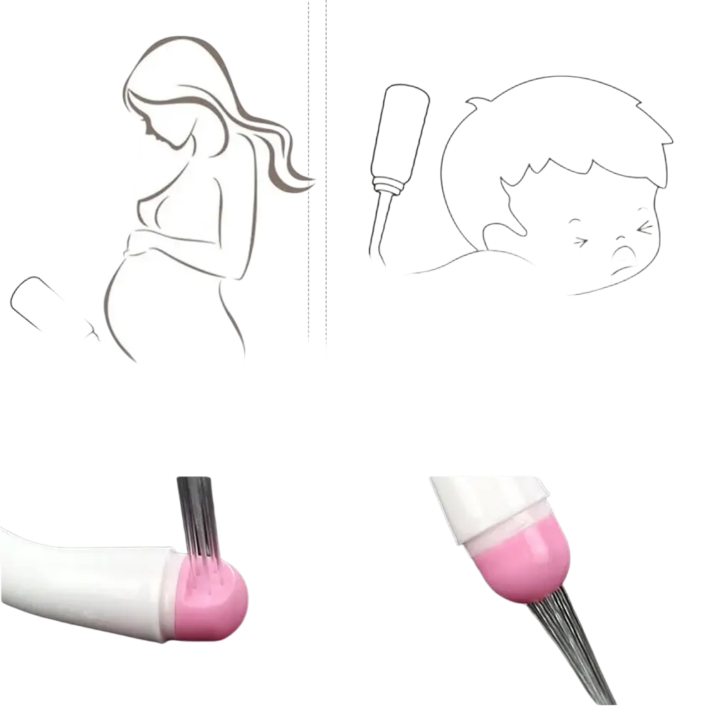 Postpartum peri bottle for perineal care with pink and white baby bottle cleaning nozzle featuring slanted and straight spray settings