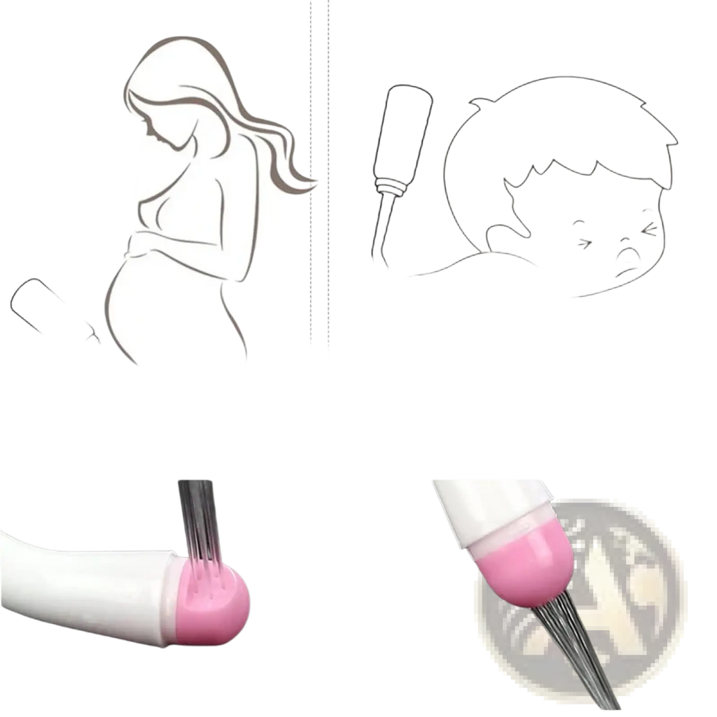 Postpartum peri bottle for perineal care with pink and white baby bottle cleaning nozzle featuring slanted and straight spray settings