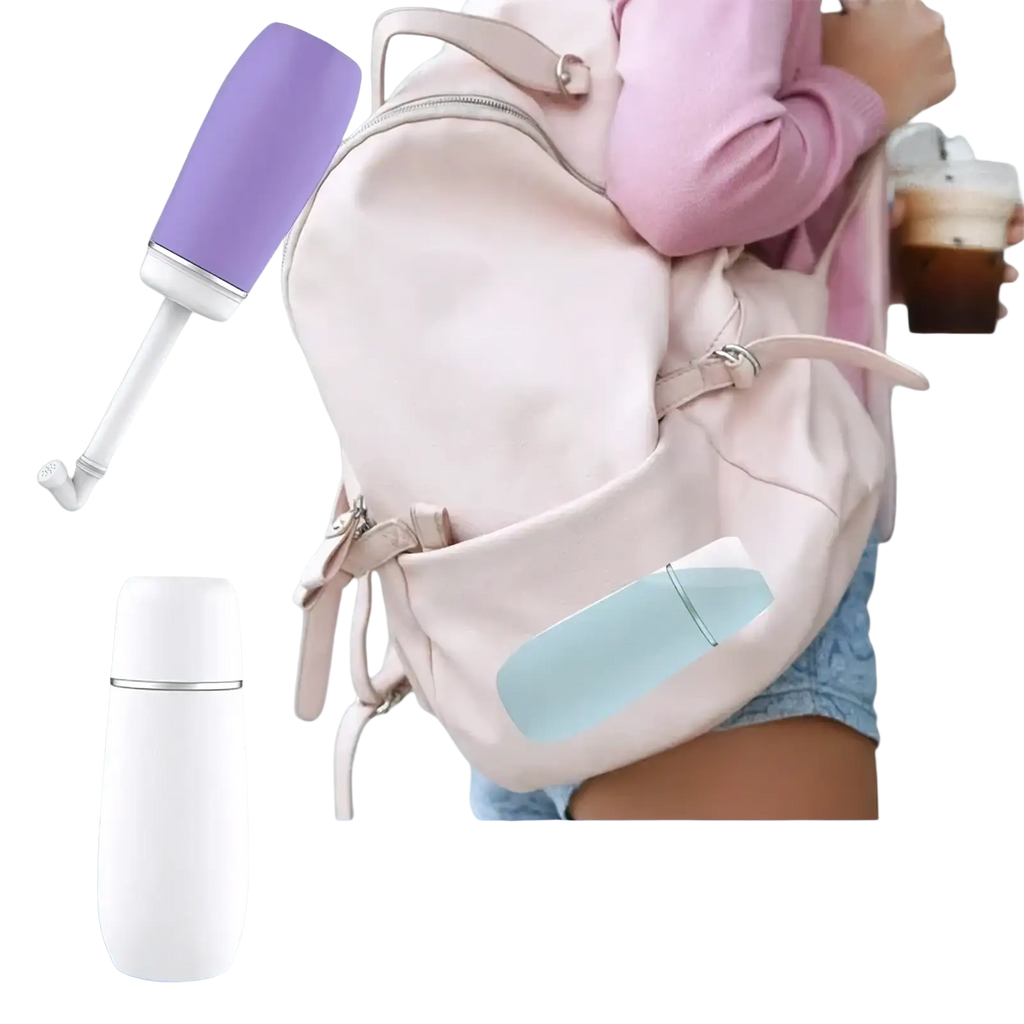 Purple and white handheld water bottle with sleek ergonomic design for postpartum perineal recovery healthcare kit